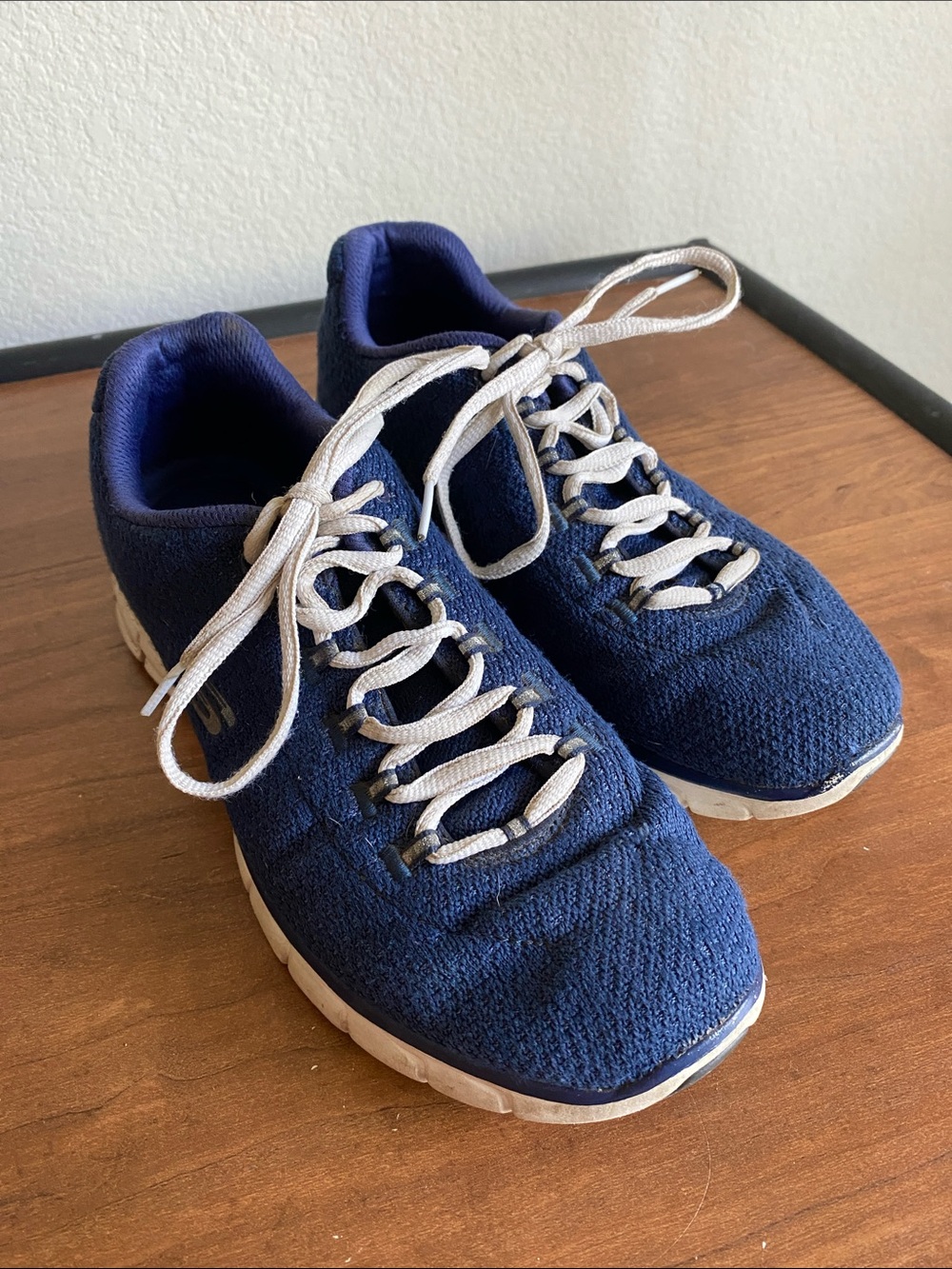Skechers Navy Blue Knit Lace-Up Trainers with White Laces